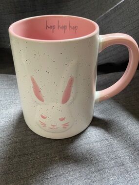 Hippity Hoppity Easter Pink Accent Bunny Ceramic Mug with 'hop hop hop' Interior